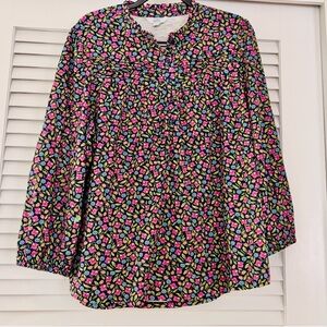 Croft & Barrow Navy Floral 1/2 Button-Front Blouse with Pink & Green Print